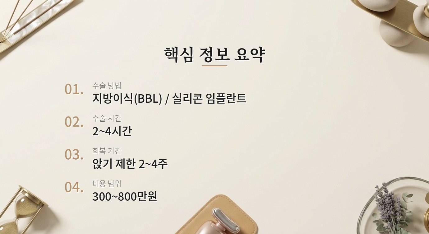 힙업 성형, 지방이식이랑 임플란트 중 어떤 게 더 나을까요? 핵심 정보