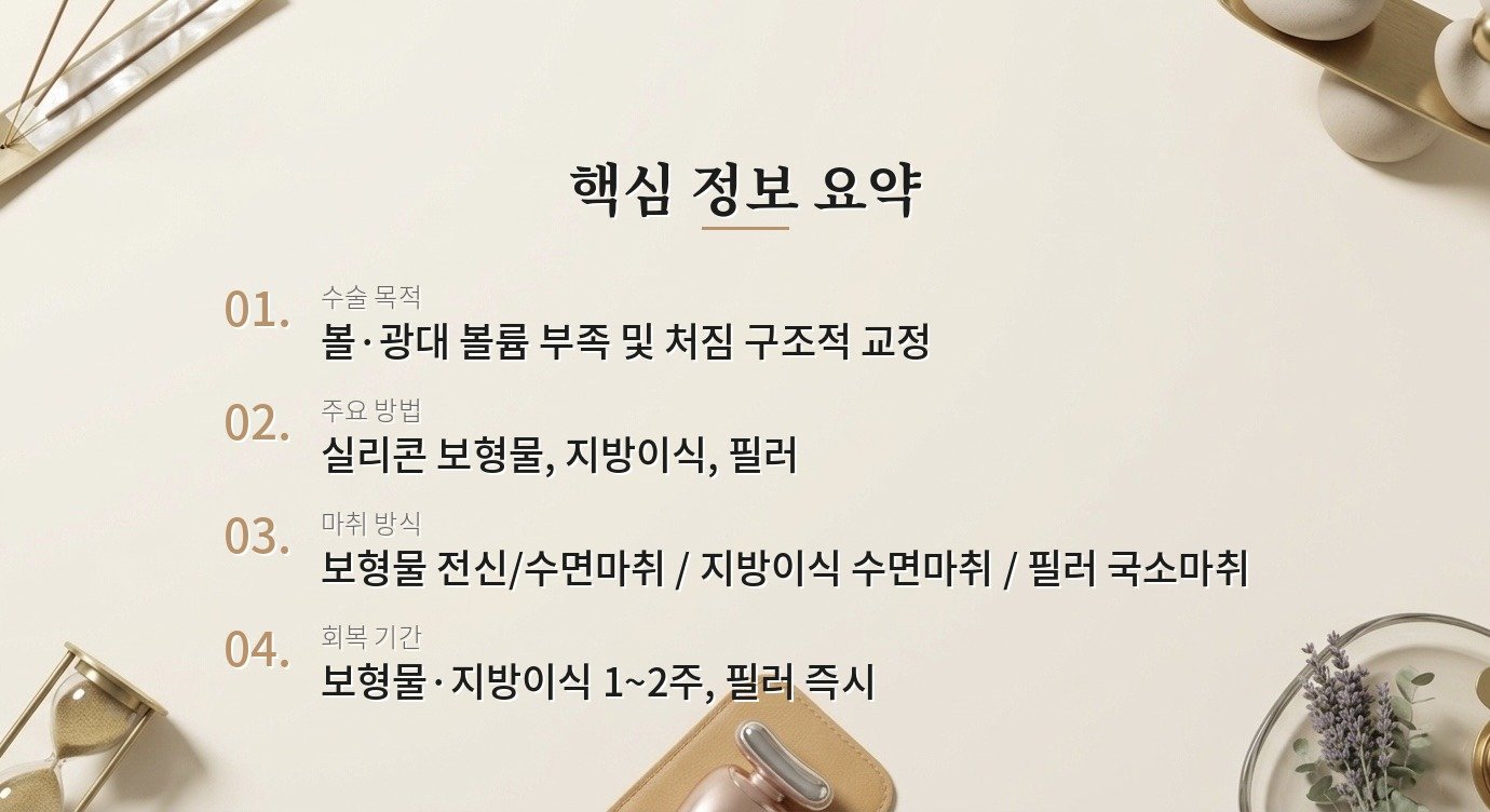 볼 보형물(광대 보형물) 수술은 어떻게 진행되고 지방이식과 어떻게 다른가요? 핵심 정보