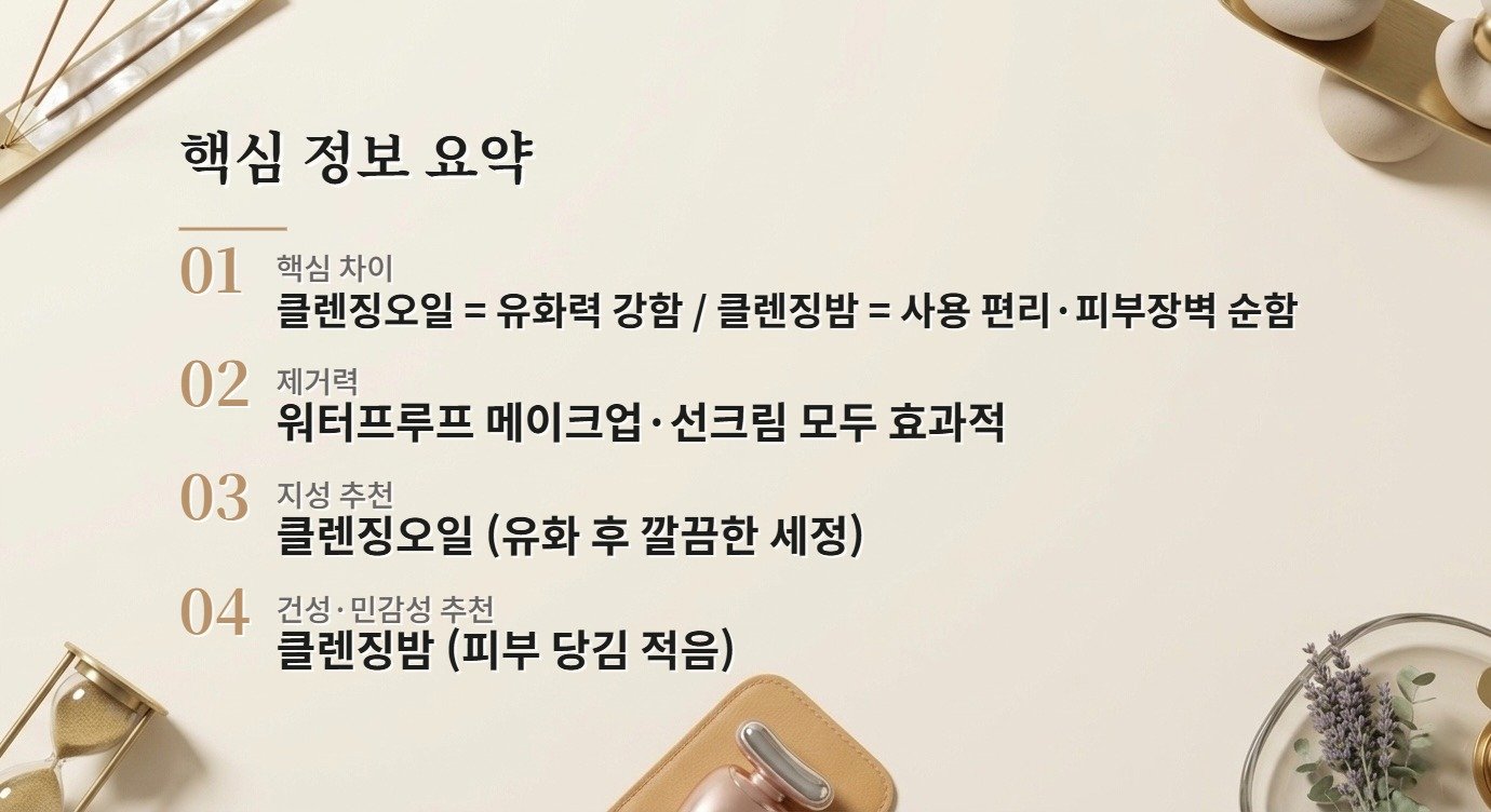 클렌징오일이랑 클렌징밤 중 뭐가 더 좋아요? 피부 타입별 선택 가이드 핵심 정보
