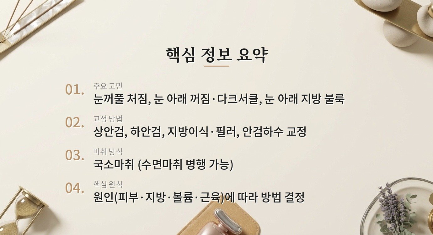 눈꺼풀이 처지고 눈 아래가 꺼져 보일 때 어떤 수술을 받아야 하나요? 핵심 정보
