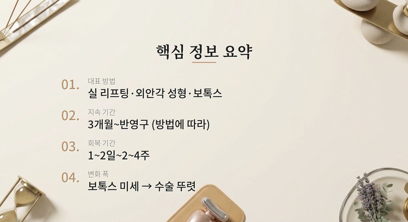 꼬리 눈매 교정(폭스아이), 실제로 어떤 방법들이 있나요? 핵심 정보