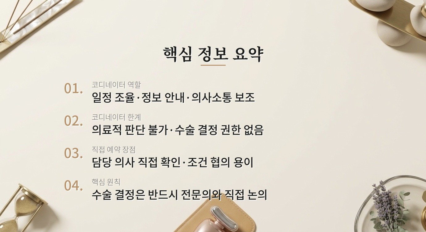 성형외과 코디네이터를 통해 예약하는 것과 직접 예약하는 것은 어떻게 다른가요? 핵심 정보