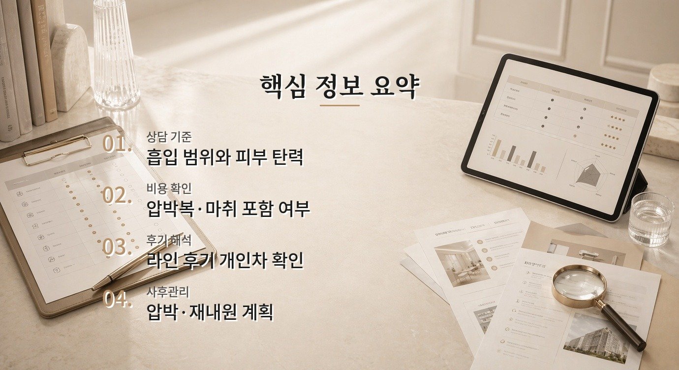 지방흡입 병원 병원 선택 기준과 상담 전 체크포인트 핵심 정보 요약 이미지