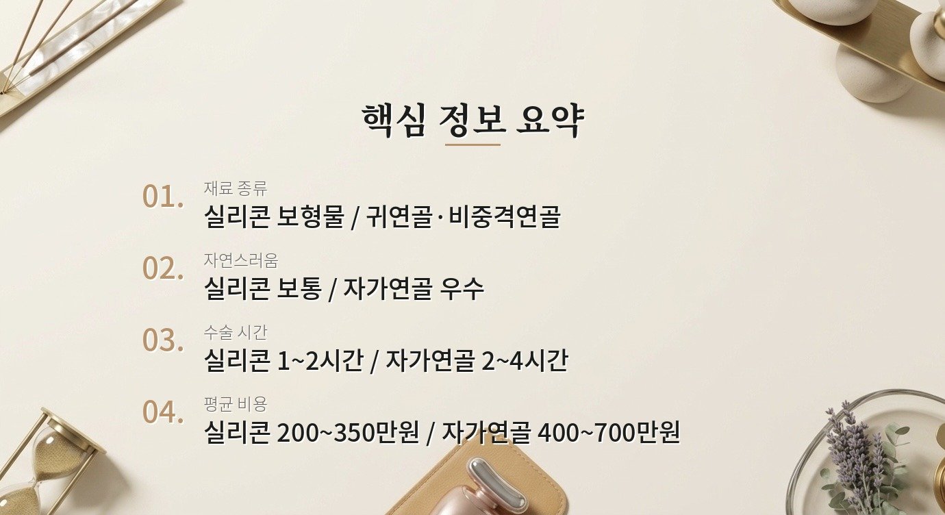 코 수술할 때 실리콘이랑 자가연골 중 뭐가 더 나아요? 핵심 정보